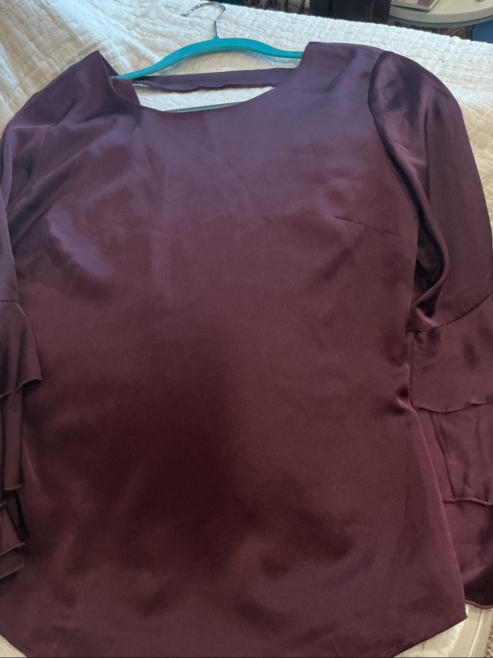 Wine Color Blouse with three tier ruffle sleeve.